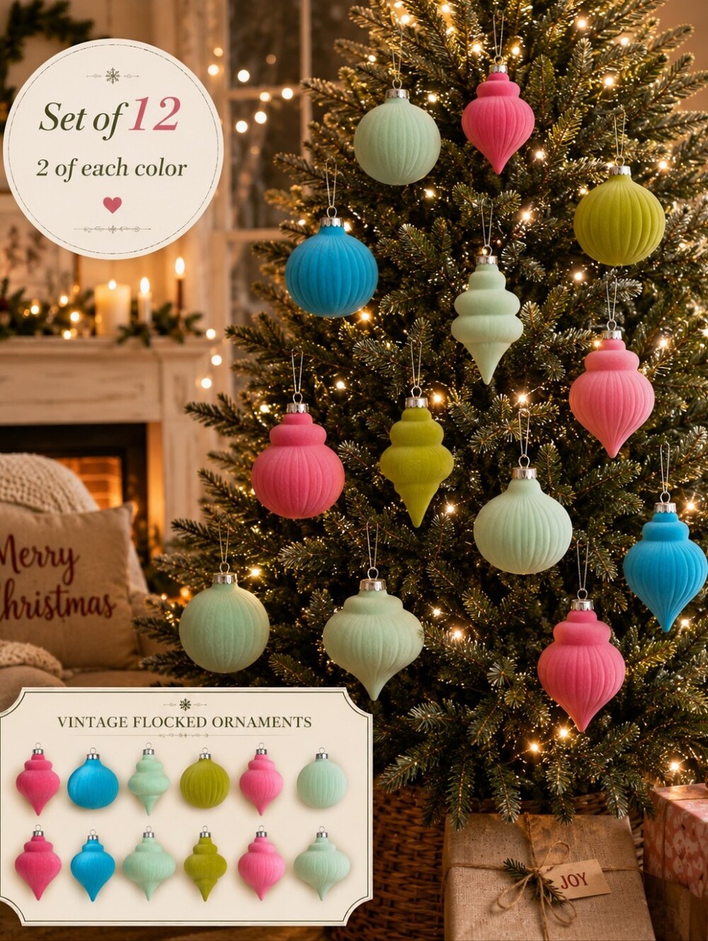 Colorful Vintage Shaped Flocked Christmas Ornaments Set Of 12 (2 Of Each Color)